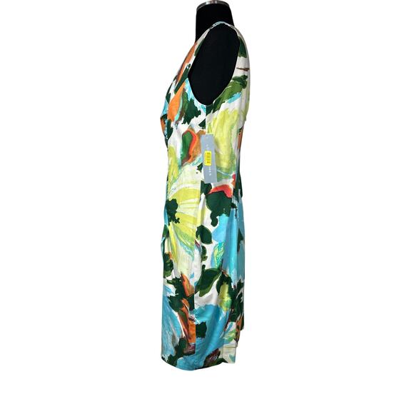 London Times Watercolor Print Ruched Sleeveless Dress Sz 12 Wrap Cotton Colorful - Picture 6 of 12